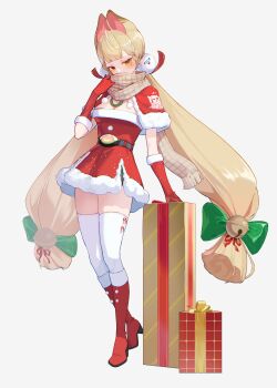 1girl absurdres adjusting_scarf alice_thymefield alternate_costume animal_ears bell belt blonde_hair blush boots box breasts capelet commentary covered_mouth english_commentary full_body gift gift_box gloves grey_background hair_bell hair_ornament heterochromia highres jingle_bell long_hair looking_at_viewer low_twintails medium_breasts moon_(restire) plaid_clothes plaid_scarf pom_pom_(clothes) rabbit_ears rabbit_girl red_boots red_capelet red_eyes red_gloves santa_costume scarf simple_background snowflake_hair_ornament solo sphere_hair_ornament thighhighs twintails white_thighhighs yellow_eyes zenless_zone_zero