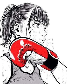 1girl boxing_gloves breasts commentary_request from_side gloves greyscale hatching_(texture) highres lee_(dragon_garou) lips medium_breasts monochrome original parted_lips ponytail red_gloves sideburns solo spot_color sweat tank_top