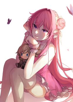 1girl absurdres bare_shoulders blush braid bug butterfly character_doll collarbone doll dorothy_(nikke) dorothy_(nostalgia)_(nikke) dress goddess_of_victory:_nikke grin hair_bun hair_ribbon halter_dress halterneck highres insect leemun long_hair looking_at_viewer official_alternate_costume pink_dress pink_hair pinne_(nikke) purple_eyes ribbon sitting smile solo white_ribbon