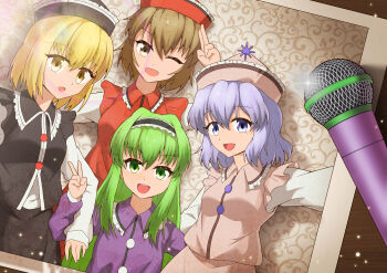 4girls absurdres black_hairband black_skirt black_vest blonde_hair blue_eyes blue_hair brown_eyes brown_hair chinese_commentary commentary_request frilled_hairband frills green_eyes green_hair hairband hat hehejiu highres layla_prismriver long_hair looking_at_viewer lunasa_prismriver lyrica_prismriver merlin_prismriver microphone multiple_girls one_eye_closed open_mouth photo_(object) pink_hat pink_skirt pink_vest red_hat red_vest selfie shirt short_hair siblings sisters skirt smile touhou v vest white_shirt yellow_eyes