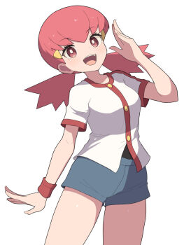 1girl :d blue_shorts cowboy_shot hair_ornament hairclip hiyoshipow looking_at_viewer nintendo open_mouth pink_eyes pink_hair pokemon pokemon_hgss shirt short_shorts short_sleeves shorts smile solo teeth twintails upper_teeth_only white_background white_shirt whitney_(pokemon) wristband