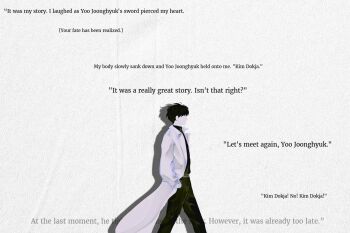 1boy black_hair black_shirt coat collared_shirt drop_shadow english_text faceless facing_to_the_side hands_in_pockets highres kim_dokja male_focus omniscient_reader&#039;s_viewpoint open_clothes open_coat outdoors paper_texture shirt short_hair solo variant_set walking white_coat yu_shiro_ki