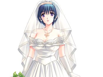 1girl blue_hair blush bouquet breasts bridal_veil cleavage detached_sleeves dress earrings flower game_cg izawa_ritsuko jewelry kuroda_akimi large_breasts looking_at_viewer necklace non-web_source official_art pixie_cut purple_eyes short_hair smile tsuma_shibori tsumamigui_(series) veil wedding_dress