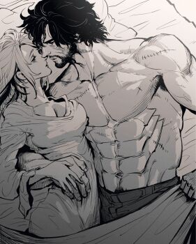 1boy 1girl abs beard bed braid breasts cleavage clive_rosfield commentary facial_hair final_fantasy final_fantasy_xvi greyscale hand_on_another&#039;s_stomach highres imminent_kiss jill_warrick kasuke_(li_tgknk) male_pubic_hair monochrome muscular muscular_male nightgown on_bed pectorals pubic_hair pubic_hair_peek scar scar_on_face single_braid symbol-only_commentary topless_male