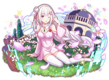 1girl alternate_costume alternate_hairstyle anime_coloring aqua_pupils artist_request bare_shoulders blunt_bangs braid braided_ponytail breasts bright_pupils building bush collar crash_fever crown_braid detached_collar dot_nose dress dress_flower emilia_(re:zero) eyelashes fence field flats flower flower_field full_body game_cg gem gradient_petals grass green_gemstone grey_hair hair_flower hair_ornament hair_ribbon lace-trimmed_collar lace_trim large_breasts leaf light_blush light_particles long_hair long_sidelocks long_sleeves looking_at_viewer low-braided_long_hair low-tied_long_hair number_print numbered off-shoulder_dress off_shoulder official_alternate_costume official_alternate_hairstyle official_art official_style on_ground one_eye_closed open_mouth outdoors outline pink_dress pink_ribbon pink_sleeves print_dress purple_eyes purple_petals re:zero_kara_hajimeru_isekai_seikatsu red_flower red_outline ribbon shoes short_dress sidelocks single_sleeve_past_wrist sitting solo sparkle square square_print straight_hair strap tachi-e thighhighs third-party_source too_many_flowers transparent_background white_collar white_flower white_petals white_thighhighs wide_sleeves x_hair_ornament yokozuwari
