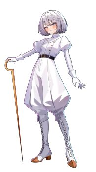 1girl absurdres adapted_costume alternate_costume alternate_eye_color belt boots collared_shirt commission commissioner_upload dress_shirt eyelashes full_body gloves high_heel_boots high_heels highres holding holding_weapon hollow_knight hollow_knight:_silksong humanization juliet_sleeves knee_boots lace_(hollow_knight) light_smile long_bangs long_sleeves looking_at_viewer medium_hair non-web_source pants petite pink_eyes puffy_pants puffy_sleeves shirt solo transparent_background wayanfa weapon