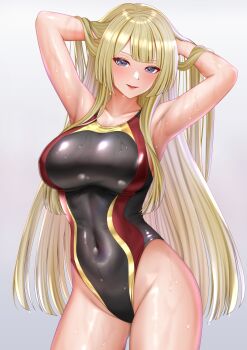 1girl armpits arms_up assault_lily bare_arms bare_shoulders black_one-piece_swimsuit blonde_hair blunt_bangs blunt_ends blush breasts collarbone commentary_request competition_swimsuit covered_navel cowboy_shot gradient_background grey_background groin hair_lift highleg highleg_one-piece_swimsuit highres imai_tomohiro large_breasts long_hair looking_at_viewer miyagawa_takane one-piece_swimsuit parted_lips presenting_own_armpit purple_eyes red_one-piece_swimsuit sidelocks smile solo standing swimsuit two-tone_one-piece_swimsuit very_long_hair wet
