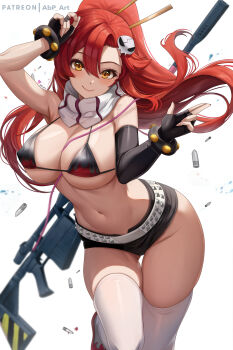 1girl abpart arm_up artist_name belt bikini bikini_top_only black_gloves black_shorts breasts closed_mouth female_focus fingerless_gloves gloves groin gun hair_ornament hand_up high_ponytail highres large_breasts looking_at_viewer navel ponytail red_hair rifle scarf shell_casing short_shorts shorts skull_hair_ornament smile sniper_rifle solo stomach swimsuit tengen_toppa_gurren_lagann thigh_gap thighhighs thighs w weapon white_belt white_thighhighs yellow_eyes yoko_littner