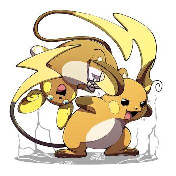 Rule 34 | alolan form, alolan raichu, commentary, english commentary, full body, gen 1 pokemon, gen 7 pokemon, looking at viewer, mistray-art, nintendo, no humans, numbered, open mouth, pokemon, pokemon (creature), raichu, regional and normal, signature, simple background, tail, white background