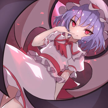 Rule 34 | 1girl, ariariaria22, ascot, bat wings, closed mouth, commentary, dutch angle, hat, hat ribbon, looking at viewer, purple hair, red ascot, red background, red eyes, red ribbon, remilia scarlet, ribbon, shirt, short hair, short sleeves, skirt, smile, solo, touhou, white hat, white shirt, white skirt, wings