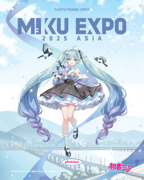 1girl :d ahoge aqua_eyes aqua_hair artist_name bird black_shoes blue_bow blue_flower blue_hair blue_sky bow braid clothes_grab cloud collared_dress commentary commentary_request company_name copyright_logo copyright_name copyright_notice dress english_commentary english_text flower frilled_dress frills full_body gradient_hair hair_bow hair_ornament hat hatsune_miku hatsune_miku_expo highres holding holding_flower korean_commentary logo long_hair mixed-language_commentary multicolored_hair official_art open_mouth purple_hair renian second-party_source shoes sky smile socks solo twintails very_long_hair vocaloid webpage white_hat white_socks