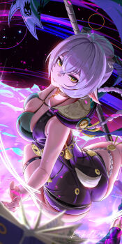 1girl ass black_unitard braid braided_twintails breasts from_above goat_girl goat_horns goat_tail grey_hair hair_between_eyes highres horns liang_xing long_hair looking_at_viewer lucia_elowen medium_breasts pointy_ears sleeveless solo staff tail yellow_eyes zenless_zone_zero