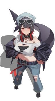 1girl black_hair crop_top denim ellen_joe fins fish_tail full_body gong_dol_hong hands_on_own_hips headphones headphones_around_neck highres jeans mihoyo pants red_eyes shark_tail shirt single_bare_shoulder tail torn_clothes torn_pants torn_shirt zenless_zone_zero