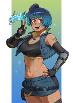 1girl belt black_belt black_gloves black_sports_bra black_thighhighs blue_hair blue_shorts blue_vest blush body_markings breasts brown_eyes chest_jewel cleavage collared_vest commentary crop_top cropped_vest deliciousbrain elbow_gloves fiery_hair fingerless_gloves gloves glowing_lines hand_on_own_hip highres large_breasts looking_at_viewer midriff navel open_clothes open_mouth open_vest sena_(xenoblade) shorts side_ponytail smile solo sports_bra teeth thighhighs vest w xenoblade_chronicles_(series) xenoblade_chronicles_3