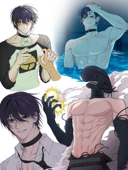 1boy abs black_choker black_necktie blush bomb_devil_(chainsaw_man) chainsaw_man choker closed_mouth collared_shirt commentary_request disembodied_hand explosive flower genderswap genderswap_(ftm) green_eyes highres holding holding_flower holding_hands korean_commentary looking_at_viewer male_focus multiple_views muscular muscular_male necktie no_nipples object_head parted_lips partially_submerged pectorals purple_hair reze_(chainsaw_man) shirt simple_background twi_bab wet wet_hair white_background white_shirt