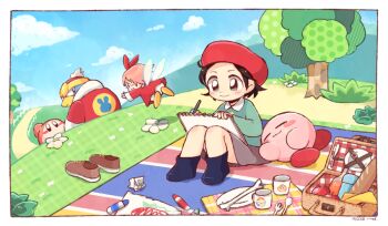 2girls :3 adeleine apple artist_name baguette basket beret black_eyes black_hair black_socks blanket blush_stickers bone border bottle bread brown_footwear closed_eyes closed_mouth collared_shirt commentary_request crayon crumpled_paper cup drawing dress fairy fairy_wings fence flower flying food fork fruit fur-trimmed_jacket fur_trim grass green_shirt grey_skirt hair_ribbon hat hill holding holding_sketchbook jacket king_dedede kirby kirby_(series) kirby_64 knees_up long_sleeves looking_at_another looking_back midooka_(o_k_k) multiple_girls nintendo paper parted_bangs path pink_hair plant plate red_dress red_headwear red_jacket red_ribbon ribbon ribbon_(kirby) road shirt shoes unworn_shoes short_hair signature sitting sketchbook skirt sleeping smile socks spoon tree waddle_dee waving white_border white_flower wings