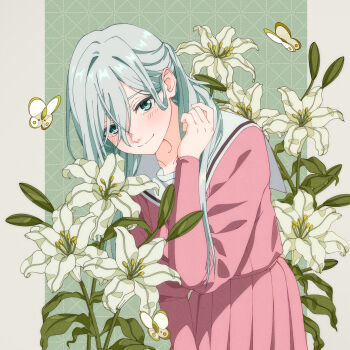 Rule 34 | 1girl, blush, bug, butterfly, closed mouth, commentary request, flower, green eyes, green hair, hair between eyes, hand up, highres, hoshina subaru, insect, kaoru hana wa rin to saku, leaning forward, long hair, long sleeves, looking at viewer, pink serafuku, pink shirt, pink skirt, pleated skirt, ruogong qingyue, school uniform, serafuku, shirt, skirt, smile, solo