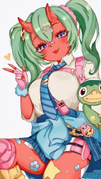 Rule 34 | 1girl, :3, :p, bandaid, bandaid on face, bandaid on nose, bike shorts, bike shorts under skirt, black shorts, blue eyes, blue jacket, blue necktie, blue skirt, blush, breasts, clothes around waist, colored skin, commentary, diagonal-striped clothes, diagonal-striped necktie, feet out of frame, fingerless gloves, flower sticker, fortnite, gloves, green hair, hair between eyes, hair ornament, hair scrunchie, hairclip, hand up, heart, highres, horns, jacket, jacket around waist, knee brace, kurerin, large breasts, leg warmers, looking at viewer, multiple thigh straps, necktie, nemia (fortnite), pink gloves, pleated skirt, red horns, red skin, scrunchie, shirt, short sleeves, shorts, simple background, skin-covered horns, skirt, solo, star (symbol), star sticker, sticker, sticker on leg, striped clothes, stuffed toy, thigh strap, thighs, tongue, tongue out, twintails, w, white background, white shirt, wing collar, wrist scrunchie, yellow leg warmers