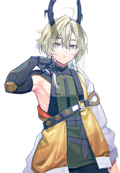 1boy ahoge arknights arknights:_endfield asymmetrical_sleeves commentary_request dragon_boy dragon_horns green_hair hair_between_eyes horns lifeng_(arknights) looking_at_viewer male_focus meiji_(meiji770) parted_lips prosthesis prosthetic_arm purple_eyes simple_background solo twitter_username upper_body white_background