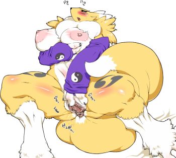 Rule 34 | 1girl, animal pussy, anus, blush, breasts, canine pussy, digimon, digimon (creature), elbow gloves, female focus, female masturbation, fox, furry, furry female, gloves, green eyes, hip focus, huge breasts, large breasts, masturbation, nezunezu, open mouth, plump, pussy, pussy juice, renamon, solo, source request, tagme, tattoo, uncensored, wide hips