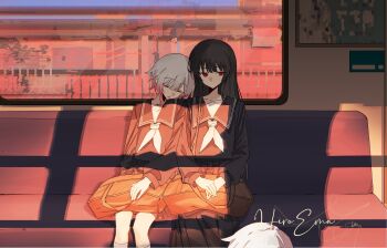 2girls artist_request black_hair black_serafuku black_shirt black_skirt blunt_bangs chinese_commentary closed_eyes closed_mouth commentary_request commission feet_out_of_frame grey_hair highres long_hair long_sleeves mahou_shoujo_no_majo_saiban multiple_girls neckerchief nikaido_hiro pleated_skirt red_eyes sailor_collar sakuraba_ema school_uniform second-party_source serafuku ship_name shirt short_hair sitting skirt sleeping sleeping_on_person train_interior white_neckerchief window_shadow