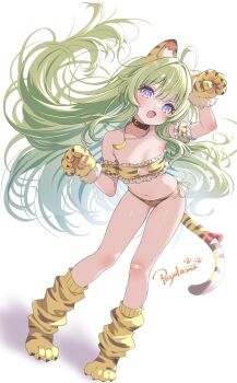 1girl ahoge animal_ear_fluff animal_ears animal_hands animal_print armpit_crease bandaid bandaid_on_knee bandaid_on_leg bare_shoulders belt_collar blue_eyes bow bra breasts bright_pupils cat_cutout cleavage_cutout clothing_cutout collar detached_sleeves fang floating_hair frilled_bra frilled_sleeves frills full_body fur-trimmed_gloves fur_trim gloves green_hair highres jewelry loli long_hair looking_at_viewer loose_socks navel necklace open_mouth original panties paw_gloves paw_socks po_yo_ta_ma print_bra print_gloves print_socks red_bow short_sleeves side-tie_panties skin_fang small_breasts socks solo standing stomach strapless strapless_bra tail tail_bow tail_ornament tiger_ears tiger_girl tiger_print tiger_tail underwear underwear_only very_long_hair white_background white_pupils yellow_bra yellow_gloves yellow_panties yellow_socks