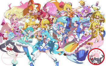 6+girls :d ;d akagi_towa amanogawa_kirara animal_ears armpits arms_up aroma_(go!_princess_precure) back back_bow bare_legs bird black_choker blonde_hair bloomers blue_bow blue_eyes blue_hair blue_hat blue_pantyhose blue_shoes blue_skirt blue_thighhighs bow bowl bracelet braid breasts brooch brown_hair bun_cover candy_(smile_precure!) cat_ears choker chopsticks coffret_(heartcatch_precure!) commentary_request creature cure_coral cure_cosmo cure_flora cure_marine cure_milky cure_peace cure_scarlet cure_twinkle cure_yum-yum delicious_party_precure dog double_bun double_v earrings everyone extra_ears fighting_stance fuwa_(precure) gloves go!_princess_precure gradient_hair green_eyes grin hagoromo_lala hair_bun hair_ornament hairband hanamichi_ran haruno_haruka hat hat_bow heart heart_brooch heart_hair_ornament heartcatch_precure! highres holding holding_bowl holding_chopsticks in-franchise_crossover jewelry kaidou_minami kise_yayoi kneehighs kuruinuchan kurumi_erika kururun_(precure) large_breasts legs_apart long_hair looking_at_viewer medium_hair mem-mem_(precure) mini_hat mini_top_hat miss_siamour multicolored_hair multiple_girls one_eye_closed open_mouth orange_shirt pantyhose pink_bow pink_hair precure prunce_(precure) puff_(go!_princess_precure) puffy_sleeves purple_eyes purple_hair rainbow_skirt red_hair red_sleeves scarlet_violin_(precure) see-through_clothes see-through_sleeves shiny_clothes shiny_skin shirt shoes simple_background single_leg_pantyhose skirt sleeveless sleeveless_shirt smile smile_precure! socks standing star_(symbol) star_earrings star_twinkle_precure streaked_hair striped_bow suzumura_sango tank_top thighhighs top_hat tropical-rouge!_precure twin_braids two-tone_hair underwear v white_background white_gloves white_hairband white_hat white_socks white_thighhighs yellow_bow yellow_skirt yuni_(precure)
