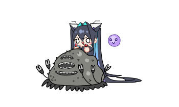 1girl :&gt; aqua_hair arms_up bare_shoulders black_hair blob blush_stickers bodysuit bubble bun_cover chibi commentary double-parted_bangs double_bun elbow_gloves english_commentary extra_mouth gloves gluttony_(nikke) goddess_of_victory:_nikke gradient_hair hair_bun highres lever little_mermaid_(nikke) long_hair multicolored_hair o_o purple_hair radio_antenna riding simple_background triangle_mouth very_long_hair wge white_background