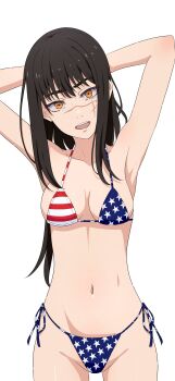1girl absurdres american_flag american_flag_bikini american_flag_print armpits arms_up bikini black_hair breasts breasts_apart chainsaw_man collarbone commentary_request facial_scar flag_print flag_print_bikini highres long_hair looking_at_viewer na-suke navel print_bikini ringed_eyes scar scar_on_cheek scar_on_face simple_background standing stomach swimsuit thighs white_background yoru_(chainsaw_man)