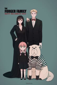 1boy 2girls ahoge anya_(spy_x_family) black_bow black_bowtie black_dress black_hair black_shoes black_suit blonde_hair blue_eyes bond_(spy_x_family) botchinako bow bowtie braid breasts child cleavage collared_dress collared_shirt cosplay dog dress formal_clothes full_body furrowed_brow gomez_addams gomez_addams_(cosplay) green_eyes hand_on_another&#039;s_shoulder hand_on_own_hip happy_halloween highres mary_janes medium_breasts morticia_addams morticia_addams_(cosplay) multiple_girls pink_hair pugsley_addams pugsley_addams_(cosplay) red_bow red_bowtie red_eyes shirt shoes socks spy_x_family standing striped_clothes striped_shirt suit thing_(the_addams_family) twilight_(spy_x_family) twin_braids wednesday_addams wednesday_addams_(cosplay) white_shirt white_socks yor_briar