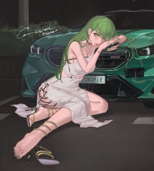1girl absurdres barefoot c.c. car code_geass feet green_hair highres light_blush long_hair looking_at_viewer motor_vehicle parted_lips shoes toes unworn_shoes yellow_eyes yukiale