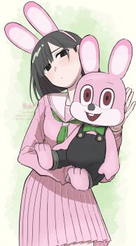 1girl animal_ear_hairband animal_ears asymmetrical_bangs black_eyes black_hair commentary fake_animal_ears green_background green_neckerchief hairband highres holding holding_stuffed_toy long_hair neckerchief official_alternate_costume parted_bangs pink_hairband pink_sailor_collar pink_skirt pkf273ash pleated_skirt rabbit_ear_hairband rabbit_ears robbie_the_rabbit sailor_collar sailor_shirt shimizu_hinako shimizu_hinako_(pink_rabbit_costume) shirt silent_hill_(series) silent_hill_f skirt solo standing stuffed_animal stuffed_rabbit stuffed_toy watermark