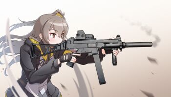 1girl black_gloves black_jacket black_ribbon black_skirt blush brown_background brown_eyes brown_hair commentary double-parted_bangs dress_shirt eotech fingerless_gloves firing girls&#039;_frontline gloves gradient_background gun h&amp;k_ump hair_between_eyes holding holding_gun holding_weapon hood hood_down hooded_jacket jacket jiwon_(sj1) layered_skirt long_hair long_sleeves magazine_(weapon) neck_ribbon one_side_up open_clothes open_jacket pleated_skirt ribbon shirt sidelocks skirt smile smoke solo submachine_gun suppressor trigger_discipline two-sided_fabric two-sided_jacket ump45_(girls&#039;_frontline) upper_body weapon white_background white_shirt yellow_jacket yellow_skirt