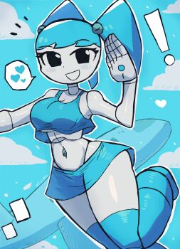 ! 1girl absurdres aircraft airplane black_eyes blue_boots blue_hair blue_shirt blue_skirt blush boots breasts cleavage cloud colored_skin crop_top flying heart highres jenny_wakeman long_hair looking_at_viewer medium_breasts midriff my_life_as_a_teenage_robot navel nickelodeon open_mouth robot shirt skirt sky sleeveless sleeveless_shirt smile spoken_heart standing standing_on_one_leg thick_thighs thigh_boots thighs tony_welt twintails waving white_skin wide_hips