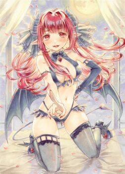 1girl absurdres asymmetrical_legwear black_panties black_shoes black_sleeves black_wings blush breasts commentary_request curtains curved_horns dai_dai_da demon_girl demon_horns demon_tail demon_wings detached_sleeves falling_petals fangs floating_hair full_body full_moon grey_thighhighs hair_intakes hand_on_own_hip highres horns index_finger_raised indoors kneeling lace lace-trimmed_thighhighs lace_trim long_hair looking_at_viewer marker_(medium) medium_breasts moon navel night on_bed open_mouth open_window original outstretched_hand panties petals pink_hair pointy_ears revealing_clothes shoes single_sleeve smile solo stomach tail thighhighs traditional_media underwear window wings wispy_bangs zipper_pull_tab