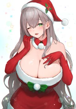 1girl ;d bow breasts cleavage commentary detached_collar dress english_commentary fur-trimmed_dress fur_trim gloves green_bow green_eyes grey_hair hat highres hololive large_breasts long_hair looking_at_viewer mistletoe_hair_ornament noixen one_eye_closed open_mouth pom_pom_(clothes) red_dress red_gloves santa_costume santa_dress santa_hat shirogane_noel smile solo very_long_hair virtual_youtuber white_background