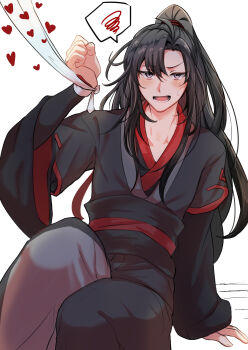 1boy ahoge aslle bishounen black_hair black_hanfu black_sash blush bound bound_wrists chinese_clothes commentary_request grey_pants hand_up hanfu heart high_ponytail highres implied_yaoi long_hair long_sleeves looking_at_viewer male_focus modao_zushi open_mouth pants ponytail red_sash ribbon ribbon_bondage robe sash sidelocks simple_background sitting solo spoken_squiggle squiggle sweatdrop wei_wuxian white_background white_ribbon wide_sleeves