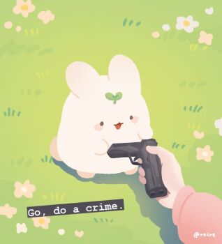 Rule 34 | 1other, english text, flower, go do a crime (meme), grass, gun, handgun, incoming gift, long sleeves, meme, original, pink shirt, rabbit, raii (rraiire), shirt, twitter username, weapon, white flower