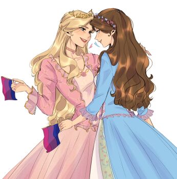 Rule 34 | 2girls, anneliese (barbie), barbie (character), barbie (franchise), bisexual flag, blonde hair, blue dress, blue eyes, blush, brown hair, character request, choker, commentary, dress, english commentary, erika (barbie), eye contact, flag, hand on another's shoulder, head wreath, heart, highres, holding, holding flag, long hair, long sleeves, looking at another, multiple girls, parted lips, pink choker, pink dress, red lips, seijousai, simple background, smile, tiara, white background, yuri