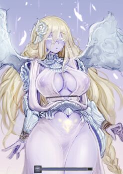 1girl arm_at_side armor barbariank blonde_hair blue_eyes blush breasts breasts_apart clothing_cutout collar colored_eyelashes colored_skin commentary covered_erect_nipples covered_eyes cowboy_shot elden_ring elden_ring_nightreign english_commentary fascinator flower gameplay_mechanics hair_between_eyes hair_flower hair_ornament halter_shirt halterneck heart helmet helmet_over_eyes highres hip_armor long_braid long_hair medium_breasts navel navel_cutout nose_blush ornate_armor parted_lips pubic_tattoo rope_braid sarong see-through_clothes sleepy solid_oval_eyes solo tattoo thighs weapon_bequeathed_harmonia_(elden_ring) white_sarong wings