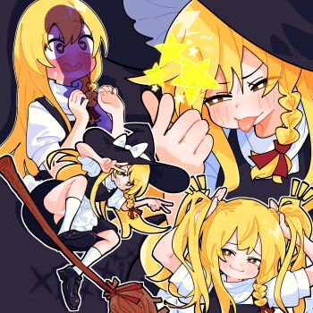 1girl :p alternate_hairstyle apron black_shoes black_skirt black_vest blonde_hair blush bow braid broom broom_surfing brown_eyes closed_mouth commentary gram_9 gramgarage9 grin hair_bow hat hat_bow heart heart-shaped_pupils highres kirisame_marisa long_hair multiple_views no_headwear open_mouth panties pantyshot penis_awe penis_shadow puffy_short_sleeves puffy_sleeves shoes short_sleeves side_braid single_braid skirt smile socks star_(symbol) sweat symbol-shaped_pupils tongue tongue_out touhou twintails underwear very_long_hair vest waist_apron white_apron white_bow white_panties white_socks witch_hat