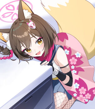 Rule 34 | 1girl, :d, absurdres, animal ear fluff, animal ears, blue archive, blue skirt, blush, brown hair, cherry blossom print, commentary request, eyeshadow, fang, fishnet thighhighs, fishnets, floral print, fox ears, fox girl, fox hair ornament, fox tail, gloves, hair ornament, halo, hand on table, highres, izuna (blue archive), looking at viewer, makeup, open mouth, partially fingerless gloves, pink eyeshadow, pink halo, pink scarf, pleated skirt, pom pom (clothes), pom pom hair ornament, prock, sailor collar, scarf, school uniform, serafuku, short hair, skirt, smile, solo, squatting, tail, thighhighs, white serafuku, yellow eyes