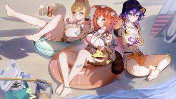 absurdres ahoge alice_thymefield alice_thymefield_(sea_of_thyme) animal_ears arm_under_breasts bandaid_on_thigh bangboo_(zenless_zone_zero) barefoot beach belle_(summer_skies)_(zenless_zone_zero) belle_(zenless_zone_zero) bikini blonde_hair blue_eyes blue_hair braid breasts choker cleavage closed_mouth eyewear_on_head feet green_eyes heart heart-shaped_eyewear heterochromia highres iblod large_breasts long_hair looking_at_viewer low_twin_braids low_twintails medium_breasts official_alternate_costume one-piece_swimsuit orange_bikini orange_shorts outdoors pink_one-piece_swimsuit rabbit_ears rabbit_girl red_eyes sand see-through_clothes see-through_shirt sharkboo_(zenless_zone_zero) shirt short_hair shorts smile sunglasses surfboard swim_ring swimsuit toes twin_braids twintails two-tone_swimsuit ukinami_yuzuha ukinami_yuzuha_(tanuki_in_broad_daylight) very_long_hair water white_choker white_one-piece_swimsuit white_shirt yellow_eyes zenless_zone_zero