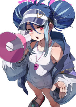 1girl antenna_hair armband bare_shoulders blue_archive blue_hair blue_hat blush breasts collarbone crocs dark_blue_hair double_bun fu-ta fubuki_(blue_archive) fubuki_(swimsuit)_(blue_archive) hair_between_eyes hair_bun halo hat highres jacket long_hair long_sleeves looking_at_viewer multicolored_hair off_shoulder official_alternate_costume one-piece_swimsuit open_mouth pink_eyes sidelocks simple_background small_breasts solo streaked_hair swimsuit teeth upper_teeth_only visor_cap whistle white_background white_hair white_jacket white_one-piece_swimsuit