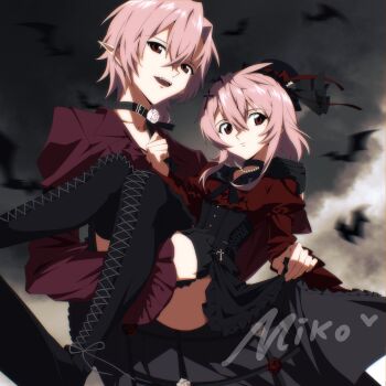 1boy 1girl artist_name bat_(animal) bat_hair_ornament black_boots black_choker black_corset black_gloves black_ribbon black_skirt boots bustle carrying carrying_person choker closed_mouth cloud cloudy_sky corset cross cross_hair_ornament crossed_bangs fangs flower_ornament gloves hair_between_eyes hair_ornament half_gloves hat highres jewelry juliet_sleeves lace-up_boots latin_cross long_sleeves miko_heb mini_hat mole mole_under_eye necklace open_mouth original pink_hair pointy_ears princess_carry puffy_sleeves red_eyes red_shirt ribbon shirt short_hair sidelocks signature skirt skirt_hold sky thigh_boots vampire