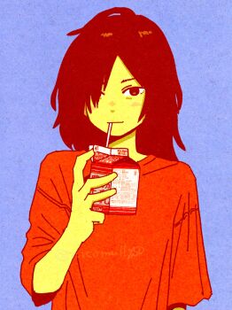 1girl blue_background commentary_request cup drinking drinking_straw hair_over_one_eye highres holding nicomull250 original red_eyes red_hair shirt solo upper_body
