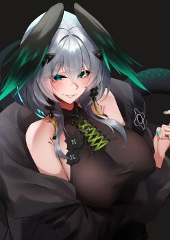 1girl absurdres alternate_breast_size_(larger) aqua_eyes aqua_hair aqua_nails aqua_wings arknights bare_shoulders black_background black_coat black_wings blush breasts coat earrings fang fingernails grey_hair hair_between_eyes hashtag-only_commentary head_wings highres ho&#039;olheyak_(arknights) ho&#039;olheyak_(ritual_of_immortality)_(arknights) huge_breasts jewelry long_hair looking_at_viewer multicolored_hair multicolored_wings nail_polish off_shoulder official_alternate_costume simple_background slit_pupils snake_girl snake_tail solo tail two-tone_wings upper_body white_hair wings yuki_(yuki_yu_owo)