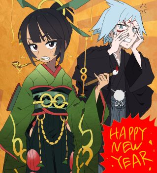 1boy 1girl absurdres black_hair black_kimono blue_eyes blue_hair clothing_cutout commentary_request cosplay gen_3_pokemon green_kimono happy_new_year highres hip_vent holding holding_paintbrush japanese_clothes kimono legendary_pokemon looking_at_viewer mayapazoo new_year nintendo paintbrush pokemon pokemon_oras rayquaza rayquaza_(cosplay) smoking_pipe smoking_pipe_in_mouth steven_stone yellow_background zinnia_(pokemon)