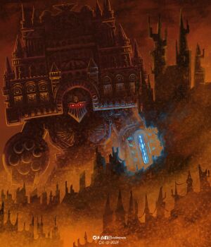 2024 absurdres adeptus_mechanicus architecture arm_cannon artificial_eye artist_name artstation_logo artstation_username castle cathedral church city cityscape collegia_titanica dated deviantart_logo deviantart_username energy_cannon extra_eyes facebook_logo facebook_username facing_viewer flying_buttress glowing glowing_eyes gothic_architecture highres imperial_aquila imperium_of_man instagram_logo instagram_username mecha mechanical_eye niellustrate plasma_cannon plateau red_eyes robot shoulder_cannon tower twitter_logo twitter_username warhammer_40k weapon