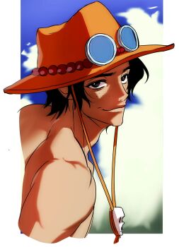 1boy absurdres bare_shoulders black_hair blue_sky border closed_mouth cloud cloudy_sky freckles from_side hat highres looking_at_viewer looking_to_the_side male_focus one_piece orange_hat outside_border portgas_d._ace short_hair sky smile solo topless_male upper_body white_border yang_gallae